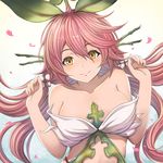  bare_shoulders breasts breasts_apart clenched_hands eyebrows_visible_through_hair granblue_fantasy hair_ornament highres leaf leaf_on_head long_hair medium_breasts pink_hair plant_girl quad_tails smile solo tree upper_body yellow_eyes yggdrasil_(granblue_fantasy) yuki7128 