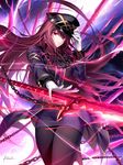  alternate_costume black_jacket black_skirt chain commentary_request cravat fate/grand_order fate_(series) gae_bolg gloves hat hat_tip jacket kousaki_rui lightning long_hair looking_at_viewer military military_jacket military_uniform pantyhose peaked_cap polearm purple_hair red_eyes scathach_(fate)_(all) scathach_(fate/grand_order) signature skirt solo sparks spear uniform weapon white_gloves 
