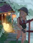  bare_shoulders black_gloves blonde_hair bucket_hat building camera closed_mouth commentary creature gloves green_eyes grey_legwear hat highres lantern looking_back low_twintails original outdoors paper_lantern pouch railing shoes smile socks stairs tim_loechner twintails walking 