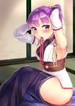  absurdres armpits arms_behind_head arms_up bangs blush breasts cosplay fate/grand_order fate_(series) helena_blavatsky_(fate/grand_order) highres indoors japanese_clothes kanemoto_hisako looking_at_viewer mouth_hold purple_eyes purple_hair seiyuu_connection short_hair side_ponytail sliding_doors small_breasts solo tatami thighs tomoe_gozen_(fate/grand_order) tomoe_gozen_(fate/grand_order)_(cosplay) tomojo 