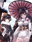  alternate_costume animal_ears atago_(azur_lane) azur_lane bangs black_hair bow breasts commentary_request day floral_print hair_bow hair_flaps happy_new_year highres holding holding_umbrella japanese_clothes kimono large_breasts long_hair looking_at_viewer multiple_girls new_year oriental_umbrella outdoors pink_umbrella ponytail ribbon smile takao_(azur_lane) umbrella very_long_hair white_bow white_ribbon xenonstriker yukata 