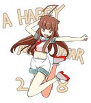  2018 ahoge bangs blunt_bangs brown_eyes brown_hair commentary_request english hand_behind_head happy_new_year highres hikawa79 kantai_collection kuma_(kantai_collection) long_hair midriff navel neckerchief new_year open_mouth sailor_collar sailor_shirt shirt shoes short_sleeves shorts sidelocks solo teeth white_background 