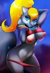  2017 anthro berri blonde_hair blue_eyes bracelet breasts clothed clothing clothing_lift conker&#039;s_bad_fur_day female hair inuki jewelry long_hair mammal nipples panties pink_nose ponytail pussy rodent shirt shirt_lift smile solo squirrel underwear video_games 