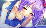  aoi_miyabi blush boku_to_koi_suru_ponkotsu_akuma breasts censored fellatio game_cg long_hair necklace nipples no_bra penis ponytail purple_hair sayori smile wet yellow_eyes 