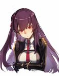  bangs black_gloves blazer blunt_bangs blush breasts buckle closed_mouth collared_shirt crossed_arms eyebrows_visible_through_hair framed_breasts girls_frontline gloves hair_ribbon half_updo head_tilt jacket large_breasts long_hair long_sleeves looking_at_viewer necktie olys one_side_up purple_hair red_eyes red_neckwear red_ribbon ribbon shirt sidelocks simple_background solo standing strap tsundere tsurime twitter_username very_long_hair wa2000_(girls_frontline) white_background white_shirt 