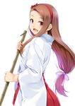  bamboo_broom bow broom brown_hair eyebrows_visible_through_hair hair_ribbon hairband idolmaster idolmaster_(classic) japanese_clothes long_hair long_sleeves looking_at_viewer low-tied_long_hair miko minase_iori miri_(ago550421) open_mouth red_bow red_eyes ribbon signature solo wide_sleeves 