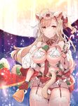  ahoge animal_ears bell bikini blonde_hair breasts candy candy_cane cape cat_ears cat_tail cowboy_shot food full_moon fur-trimmed_cape fur_trim garter_straps holding holding_bell holding_candy_cane jingle_bell large_breasts long_hair looking_at_viewer moon orange_eyes original red_cape solo swimsuit tail tajima_ryuushi thighhighs white_bikini white_legwear 