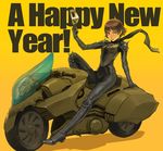  2018 arm_support bangs biker_clothes bikesuit black_bodysuit black_scarf bodysuit braid breasts brown_hair closed_mouth commentary corset cross-laced_clothes crown_braid domino_mask english from_side full_body gloves gradient gradient_background ground_vehicle hand_up happy_new_year high_heels hips holding holding_mask joanna_(persona_5) knee_up leaning_back light_smile looking_at_viewer mask mask_removed motor_vehicle motorcycle new_year niijima_makoto niimura_naoyuki orange_background parted_bangs persona persona_5 red_eyes riding scarf shadow shoulder_pads shoulder_spikes sideways_glance sitting small_breasts smile solo spikes spread_legs straddling wind wind_lift 