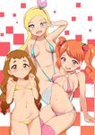  3girls :d arisugawa_himari arm_support bangs bikini blonde_hair blue_eyes blue_swimsuit blush braid breasts breasts_apart brown_eyes brown_hair closed_mouth covered_nipples eyebrows_visible_through_hair hairband highres kirahoshi_ciel kirakira_precure_a_la_mode linsun looking_at_viewer medium_breasts micro_bikini multiple_girls navel o-ring o-ring_bikini open_mouth orange_hair pink_bikini pink_eyes pink_hairband pink_legwear precure side-tie_bikini sitting slingshot_swimsuit small_breasts smile stomach swimsuit thighhighs twin_braids twintails usami_ichika v_over_eye wavy_hair white_legwear yellow_bikini 