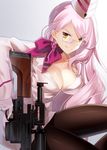  breasts choker commentary_request fate/grand_order fate_(series) glasses gloves gun hat highres holding holding_gun holding_weapon koyanskaya large_breasts long_hair looking_at_viewer midriff minamina pantyhose pink_hair ribbon ribbon_choker rifle scope smile sniper_rifle solo trigger_discipline very_long_hair weapon white_background white_gloves yellow_eyes 