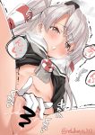  1girl amatsukaze_(kantai_collection) bottomless breasts brown_dress brown_eyes censored choker close-up dress ebifurya eyebrows_visible_through_hair fingering from_below gloves hair_between_eyes hair_tubes highres kantai_collection long_hair looking_at_viewer masturbation navel no_panties open_mouth panties pussy_juice sailor_dress short_dress silver_hair single_glove small_breasts solo spread_legs striped thighs translation_request trembling twitter_username two_side_up underwear white_gloves windsock 