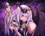  bad_id bad_pixiv_id black_wings dark dark_background demon_girl demon_wings fang h2o_(dfo) holding holding_weapon horns long_hair looking_at_viewer original pink_eyes pointy_ears profile shaded_face silver_hair skull solo sword weapon wings 