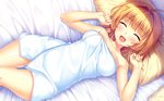  bed blonde_hair blush boku_to_koi_suru_ponkotsu_akuma breasts cat_smile fang game_cg sayori shibasaki_rin short_hair smile towel 
