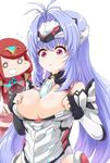  android areola_slip areolae bare_shoulders blue_hair blush breasts expressionless fingerless_gloves forehead_protector gloves homura_(xenoblade_2) jewelry kos-mos kos-mos_re: large_breasts leotard long_hair multiple_girls nke_toumi red_eyes red_hair short_hair simple_background smile tiara very_long_hair white_background white_leotard xenoblade_(series) xenoblade_2 xenosaga 