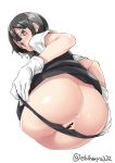  1girl anus ass ass_focus black_eyes black_hair black_panties black_vest blush censored commentary_request cropped_legs ebifurya eyebrows_visible_through_hair from_behind gloves hair_between_eyes hair_ornament hairclip heart heart-shaped_pupils highres kantai_collection long_hair looking_at_viewer looking_back open_mouth oyashio_(kantai_collection) panties pussy school_uniform shirt short_sleeves simple_background solo symbol-shaped_pupils twitter_username underwear vest white_background white_gloves white_shirt 