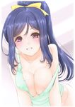  10s 1girl all_fours areola_slip areolae blue_hair blush breast_squeeze breasts cleavage downblouse erect_nipples frapowa large_breasts long_hair looking_at_viewer love_live! love_live!_sunshine!! matsuura_kanan no_bra off_shoulder panties parted_lips pink_panties ponytail purple_eyes smile solo sparkle strap_slip teeth underwear 