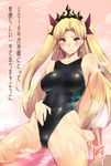  2018 bathtub black_swimsuit blonde_hair commentary_request competition_swimsuit ereshkigal_(fate/grand_order) fate/grand_order fate_(series) highleg highleg_swimsuit logo long_hair looking_at_viewer nanakagi_satoshi new_year one-piece_swimsuit pink_background red_eyes signature sitting solo steam swimsuit tiara translation_request two_side_up 