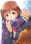  brown_hair collar covered_mouth dog enpera hagiwara_yukiho idolmaster idolmaster_(classic) inumi long_sleeves miri_(ago550421) plaid plaid_scarf reaching_out scarf school_uniform short_hair signature sleeves_past_wrists solo st_bernard yellow_eyes 