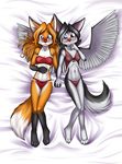  2018 5_fingers absurd_res aisty_(mancoin) amber_(mancoin) animal_humanoid anthro bed black_fur black_nose blue_eyes blush bra breasts canine clothed clothing cute digital_media_(artwork) dipstick_tail dog duo embarrassed eyelashes eyewear feathered_wings feathers female festive fox foxyverse fur glasses hair hand_holding heterochromia hi_res humanoid husky long_hair looking_at_viewer lying mammal mancoin multicolored_tail navel on_bed open_mouth orange_fur panties short_hair signature simple_background small_breasts smile underwear white_fur wings 