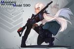  ankle_boots armband armor bandolier bangs belt black_footwear black_gloves black_legwear black_ribbon boots breasts bucket character_name clip commentary_request cross-laced_footwear dark_skin eyebrows_visible_through_hair floating_hair full_body girls_frontline gloves grass grifon&amp;kryuger gun hair_ornament hair_ribbon hairclip highres holding holding_gun holding_weapon jacket lace-up_boots long_hair looking_away low_twintails medium_breasts migime_no_yuugure mossberg_590 mossberg_m590_(girls_frontline) one_knee pantyhose parted_lips pleated_skirt pouch pump_action ribbon shirt shotgun shotgun_shells skirt solo strap tan thigh_strap twintails very_long_hair weapon white_hair wind yellow_eyes 
