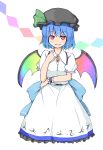  alternate_headwear_color bat_wings black_hat blue_hair collared_shirt cosplay eyebrows_visible_through_hair fang garasuita hair_between_eyes hat highres hinanawi_tenshi hinanawi_tenshi_(cosplay) looking_at_viewer mob_cap rainbow_wings red_eyes remilia_scarlet shirt short_hair slit_pupils smile touhou wings 