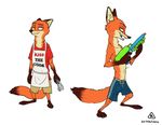  2016 apron canine clothed clothing disney fox front_view half-closed_eyes hi_res holding_object holding_weapon looking_at_viewer mammal nick_wilde open_mouth pants shirt side_view signature simple_background summer swimming_trunks swimsuit thatotherwhaleoil topless tweezers water_gun weapon white_background zootopia 