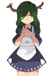  antlers apron bangs blue_dress closed_mouth collared_dress cowboy_shot dress green_eyes green_hair hair_over_one_eye hands_up highres leaf long_hair looking_at_viewer original own_hands_together short_dress simple_background solo toy_box-r white_apron white_background 