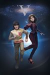 1girl absurdres adric_(doctor_who) caucasian commission demisir doctor_who galaxy high_heels highres lens_flare non-asian nyssa_(doctor_who) realistic roman_numerals sandals star starry_background 