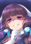  arkfield artist_name bangs blend_s blunt_bangs dated evil_grin evil_smile eyebrows_visible_through_hair face gloves grin hair_bobbles hair_ornament half-closed_eyes hand_on_own_chin head_scarf light_trail long_hair looking_at_viewer low_twintails purple_eyes sakuranomiya_maika shaded_face smile solo sparkle stile_uniform twintails upper_body waitress white_gloves 