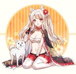  :3 animal azur_lane bandaged_arm bandages bangs between_legs black_cape breasts bridal_gauntlets budget_sarashi cape cleavage collar collarbone dog floral_background floral_print flower hair_flower hair_ornament hand_between_legs iven_(hongwenwen) knees_together_feet_apart long_hair looking_at_viewer medium_breasts miniskirt nail_polish navel print_cape red_eyes red_flower red_nails red_skirt sarashi shiny shiny_hair silver_hair sitting skirt slit_pupils solo spiked_collar spikes stomach straight_hair striped tassel tattoo thighhighs two_side_up vertical_stripes wariza white_legwear yuudachi_(azur_lane) zettai_ryouiki 
