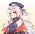  azur_lane beret closed_mouth commentary_request gradient gradient_background hair_ornament hat long_hair looking_away mole mole_under_eye sharmi1010 signature silver_hair solo upper_body yellow_background yellow_eyes z46_(azur_lane) 