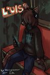  anthro brown_fur cellphone clothing dark_hair eyes_hidden fingerless_gloves fur furrymoan gloves headphones jeans lou_(ua) male mammal marten mustelid pants phone pullover sitting solo text unfoundedanxiety 