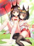  2girls animal animal_ear_fluff animal_ears asanogawa_(tutufcc) ass azur_lane bangs bare_shoulders black_legwear blunt_bangs blurry blurry_foreground blush brown_eyes brown_hair closed_mouth collarbone commentary_request day depth_of_field dress eyebrows_visible_through_hair fox fox_ears head_tilt highres japanese_clothes kimono kneehighs long_hair long_sleeves looking_at_viewer multiple_girls mutsuki_(azur_lane) nagato_(azur_lane) no_shoes off_shoulder oriental_umbrella outdoors pleated_dress pleated_skirt red_dress red_skirt red_umbrella sitting skirt smile strapless strapless_dress thighhighs torii umbrella very_long_hair white_kimono white_legwear 