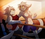  2017 anthro basitin boxing breasts brown_fur chest_tuft clenched_teeth clothed clothing crossgender digital_media_(artwork) duo featureless_breasts female fighting_ring fur hair hand_wraps hi_res keith_keiser male mammal partially_clothed shirt_grab shorts smile smirk sport square_crossover teeth tom_fischbach topless tuft twokinds webcomic wraps yellow_eyes 