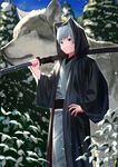  2018 bangs blue_eyes chinese_zodiac cloak commentary_request day fingernails grass holding holding_sword holding_weapon hood hood_up japanese_clothes looking_at_viewer male_focus original outdoors over_shoulder pine_tree sash scabbard sheath silver_hair smile snow snowing solo standing sword tree wasabi60 weapon weapon_over_shoulder wolf year_of_the_dog 