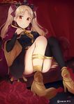  absurdres anklet asymmetrical_legwear bangs between_breasts black_legwear blonde_hair blush breasts buckle cape chair circle_name closed_mouth commentary detached_collar earrings ereshkigal_(fate/grand_order) fate/grand_order fate_(series) flower frchan24 hair_ribbon high_heels highres infinity jewelry long_hair looking_at_viewer multicolored multicolored_cape multicolored_clothes necklace parted_bangs petals red_cape red_eyes red_flower red_ribbon red_rose ribbon rose rose_petals single_thighhigh sitting skull solo spine thighhighs thighlet tiara two_side_up yellow_cape 