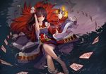  absurdres black_hair card crane flower hand_in_hair higanbana_(onmyoji) highres long_hair looking_at_viewer mask mask_removed morisan onmyoji personification red_eyes sitting soaking_feet solo spider_lily water wide_sleeves 