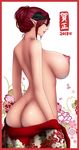  1girl 2018 areolae ass baru_(val-val) blue_eyes breasts demon_girl demon_horns erect_nipples fiore_(baru) floral_background floral_print full_body hair_bun happy_new_year highres horn horns huge_ass huge_breasts japanese_clothes kimono kimono_down lips lipstick looking_at_viewer looking_back makeup monster_girl new_year nipples nude open_clothes open_kimono parted_lips pixiv_succubus print_kimono puffy_nipples red_hair red_kimono smile solo succubus 