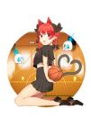  1girl :o alternate_costume animal_ears arms_behind_back ball bangs basketball basketball_court black_bow black_footwear black_sailor_collar black_serafuku blue_fire bow breasts cat_ears cat_tail circle extra_ears eyebrows_visible_through_hair fang fire flaming_skull from_side hair_bow heart heart_tail highres holding holding_ball kaenbyou_rin kneeling kurokawa_(kurokawa_1_1) looking_at_viewer midriff miniskirt multiple_tails neckerchief parted_bangs pleated_skirt pointy_ears red_eyes red_hair red_neckwear round_image sailor_collar school_uniform serafuku short_hair short_sleeves skirt small_breasts solo tail touhou 