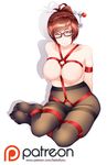  1girl areolae artist_name bondage breasts brown_eyes brown_hair glasses hair_bun hair_ornament hairpin looking_at_viewer mei_(overwatch) navel nipples overwatch pantyhose patreon restrained shibari solo web_address 