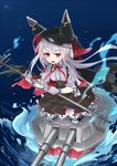  animal_hood azur_lane bangs black_cape black_skirt blush cannon cape cat_hood center_frills commentary_request e.f.cat erebus_(azur_lane) eyebrows_visible_through_hair frills gloves holding hood long_hair ocean open_mouth red_eyes seiza shirt short_sleeves silver_hair sitting skirt solo suspender_skirt suspenders torn_cape turret upper_teeth very_long_hair water white_gloves white_legwear white_shirt 