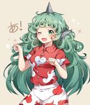  ;d a animal_ears bangs blush breasts brown_background caramell0501 collared_shirt cowboy_shot curly_hair eyebrows_visible_through_hair fang green_eyes green_hair hands_up heart horn komano_aun long_hair looking_at_viewer medium_breasts one_eye_closed open_mouth paw_pose red_shirt shiny shiny_hair shirt short_sleeves simple_background skirt smile solo sparkle standing tareme touhou translation_request very_long_hair white_skirt 