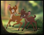  2018 bambi bambi_(film) black_lips blurred_background brown_eyes brown_fur cervine day deer detailed_background digital_drawing_(artwork) digital_media_(artwork) disney duo feral fur grass hooves kitchiki male mammal open_mouth outside ronno smile teeth tongue 