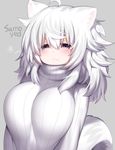  :&lt; ahoge animal_ears blush breasts closed_mouth drowsy eyebrows_visible_through_hair fox_ears fox_tail grey_background hair_between_eyes large_breasts long_hair long_sleeves mofuaki original purple_eyes samoyed_(mofuaki) shiny shiny_hair silver_hair simple_background solo sweater tail tareme turtleneck turtleneck_sweater upper_body white_sweater 