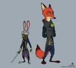  2016 absurd_res bandanna canine clothed clothing crossover dishonored disney duo eye_contact fox glowing grey_background half-closed_eyes hands_behind_back hi_res holding_object holding_weapon judy_hopps lagomorph looking_at_another magic magic_user mammal melee_weapon nick_wilde rabbit signature simple_background standing steampunk sword thatotherwhaleoil vest weapon white_background zootopia 