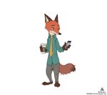  2017 absurd_res anthro barefoot beverage black_nose canine cellphone clothed clothing coffee coffee_cup disney fox front_view fully_clothed fur half-closed_eyes hi_res holding_beverage male mammal multicolored_tail necktie nick_wilde orange_fur pants phone shirt signature simple_background solo standing thatotherwhaleoil toes white_background zootopia 