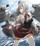  bow bowtie breasts brown_eyes cannon corset grey_hair hair_between_eyes hat highres kantai_collection large_breasts long_hair machinery mini_hat miniskirt ocean pola_(kantai_collection) red_skirt rigging shirt skirt solo tama_(seiga46239239) thick_eyebrows thighhighs tilted_headwear turret water wavy_hair white_legwear white_shirt zettai_ryouiki 