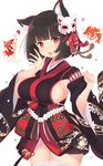  animal animal_ear_fluff animal_ears azur_lane bangs bell black_hair black_kimono blunt_bangs blush breasts cat_ears commentary_request eyebrows_visible_through_hair fang fish hair_ornament hand_to_own_mouth hand_up heart highres japanese_clothes jingle_bell kagerou_(shadowmage) kimono large_breasts looking_at_viewer mask mask_on_head open_mouth red_eyes short_hair sideboob simple_background solo standing thighhighs white_background white_legwear wide_sleeves yamashiro_(azur_lane) 
