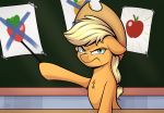  2018 angry apple applejack_(mlp) chalkboard cowboy_hat equine female food friendship_is_magic frown fruit hat horse inside lachlan765 looking_at_viewer mammal my_little_pony orange_(fruit) pony solo strawberry 