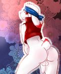  2018 anthro balls botomless butt cainethelongshot clothed clothing cottontail first_person_view fluff_tail foreskin fur hair headband lagomorph looking_at_viewer looking_back lop_eared male mammal markings penis pink_butt presenting presenting_hindquarters rabbit rear_view red_eyes red_markings short_hair simple_background solo standing uncut vest white_fur 